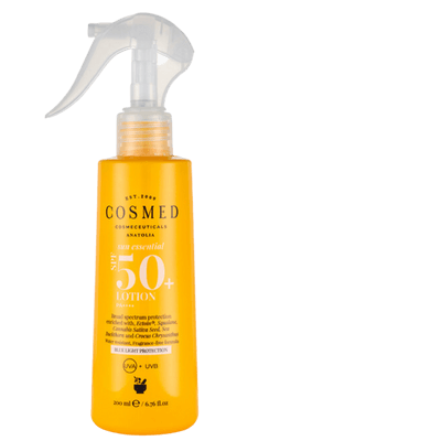 Cosmed Lotion SPF 50 Tüm Cilt Tipleri için Aile Boy Yüz ve Vücut Sprey Güneş Kremi 200 ml
