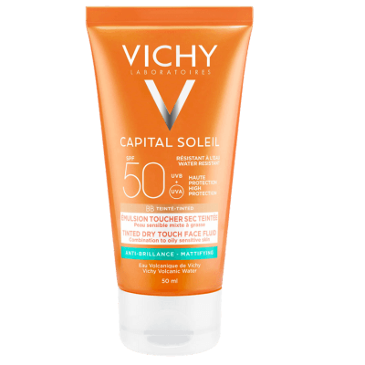 Vichy CAPITAL SOLEIL BB Tinted Dry Touch Face Fluid - Parlama karşıtı ve renkli dokulu yüksek korumalı güneş koruyucu yüz kremi SPF 67